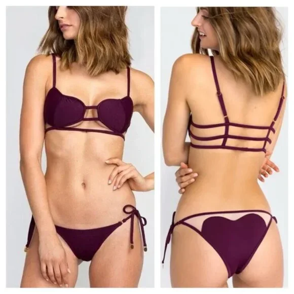 T1-- NWT purple WILDFOX Amora heart mesh strappy bikini top set bottom MEDIUM - Picture 11 of 11